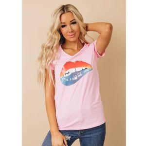 Over The Rainbow Lips PInk Short Sleeve V Neck Tee Shirt